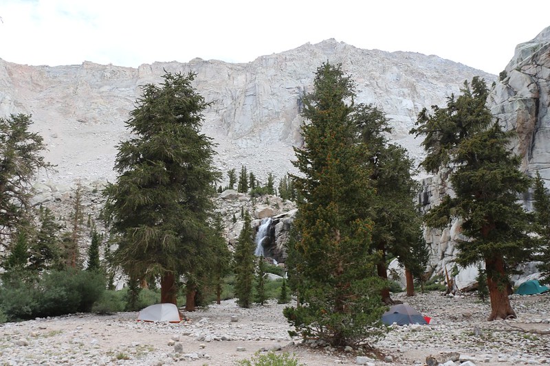 Outpost Camp and the waterfall on Lone Pine Creek from the Mount Whitney Trail