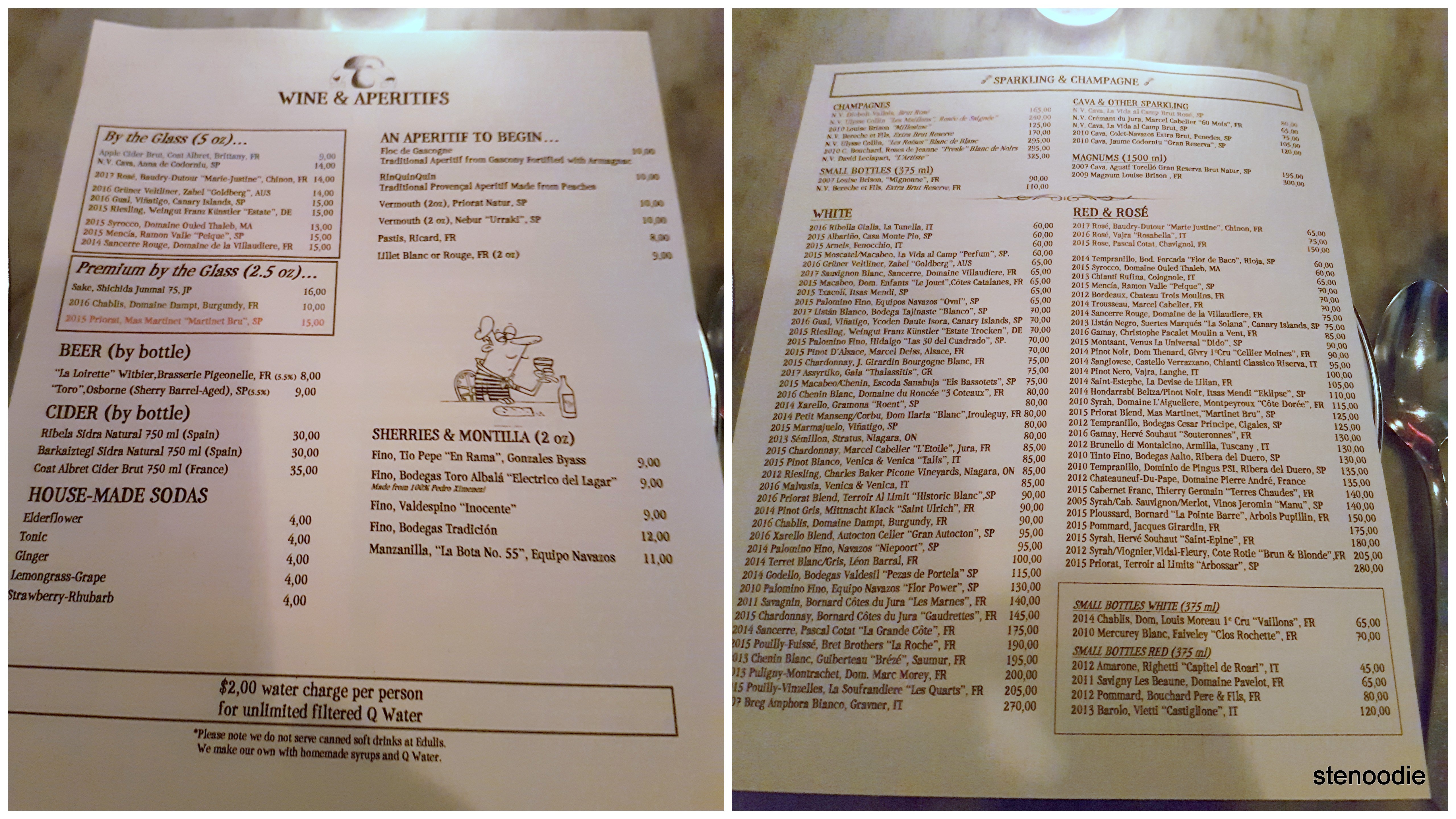  Edulis Restaurant wine and drinks menu