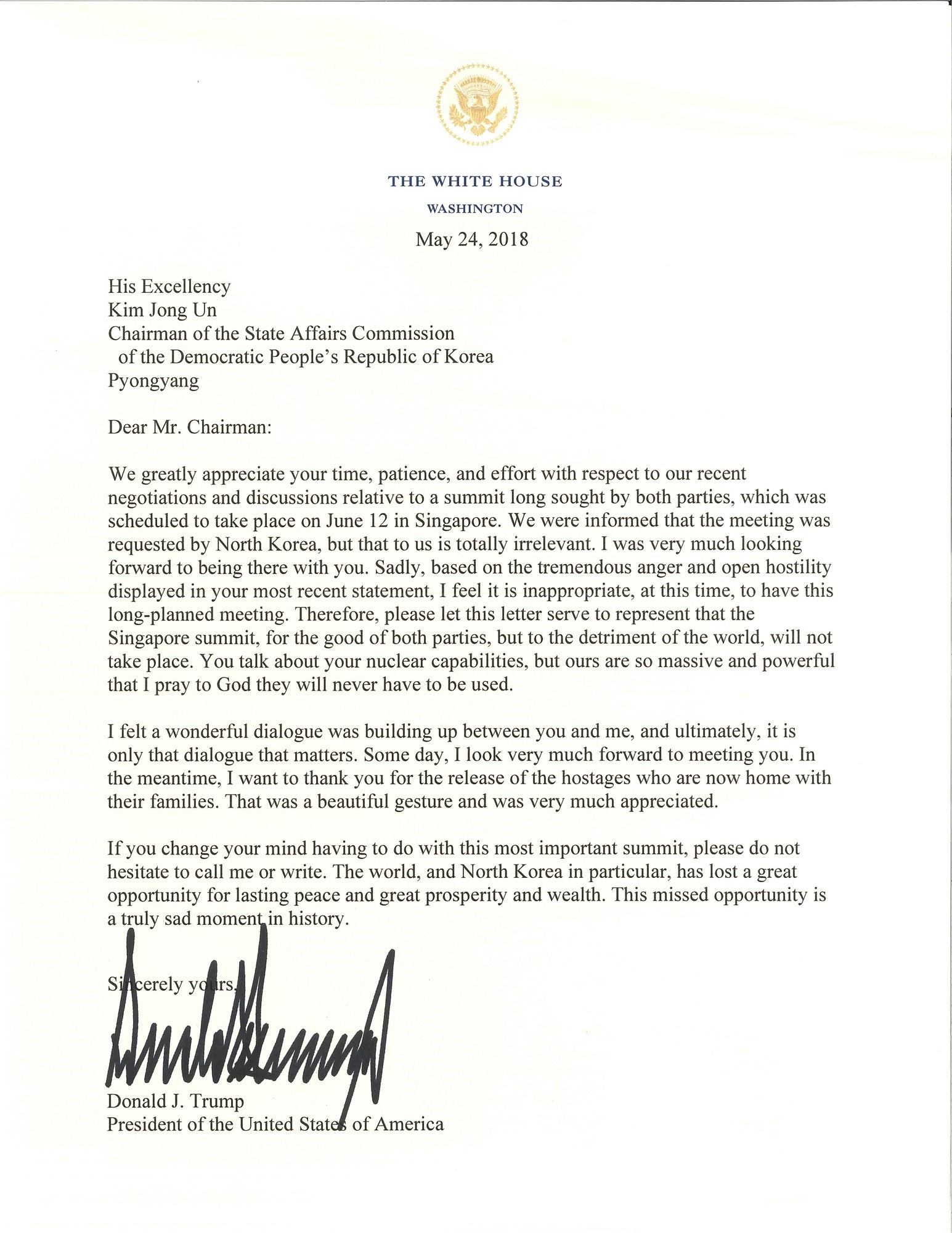 Letter sent to North Korean leader Kim Jong-un by US President Donald Trump informing Kim of the cancellation of the summit