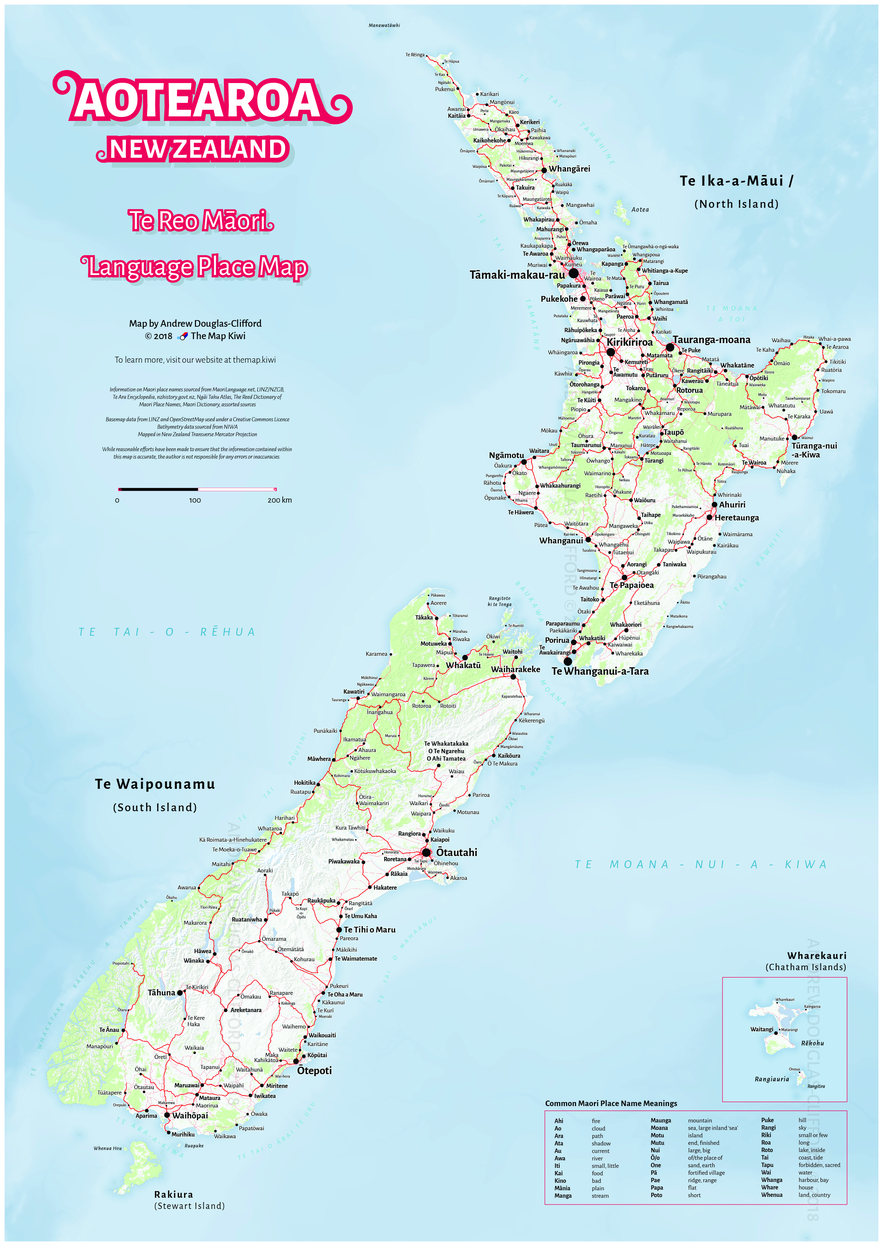 Map of New Zealand with Maori placenames
