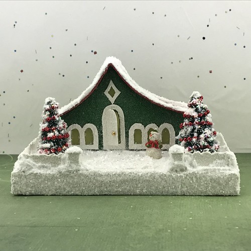 Green and Red Putz House with snowman