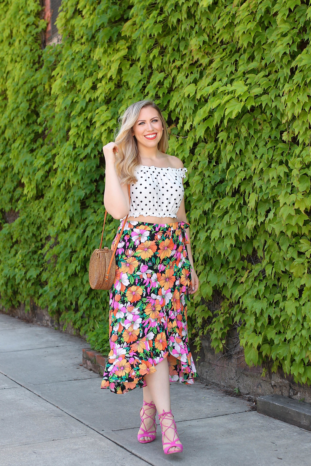 Topshop Polka Dot Crop Top Bright Tropical Petal Midi Skirt Nordstrom Westchester Vacation Outfit Fashion Pink Lace Up Sandals Jackie Giardina Living After Midnite