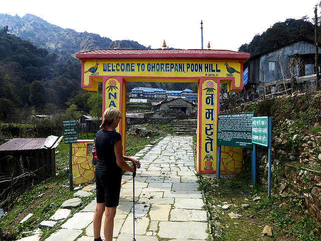 Image of the Entrance gate into Ghorepani dedicated to Major Tek Bahadur Pun, who envisaged tourism to be a major contributor to Nepali society, the town immediately below to Poon Hill where amazing mountain views can be seen at sunrise and sunset.
