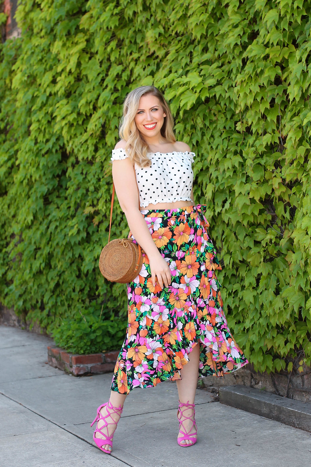 Topshop Polka Dot Crop Top Bright Tropical Petal Midi Skirt Nordstrom Westchester Vacation Outfit Fashion Pink Lace Up Sandals Jackie Giardina Living After Midnite