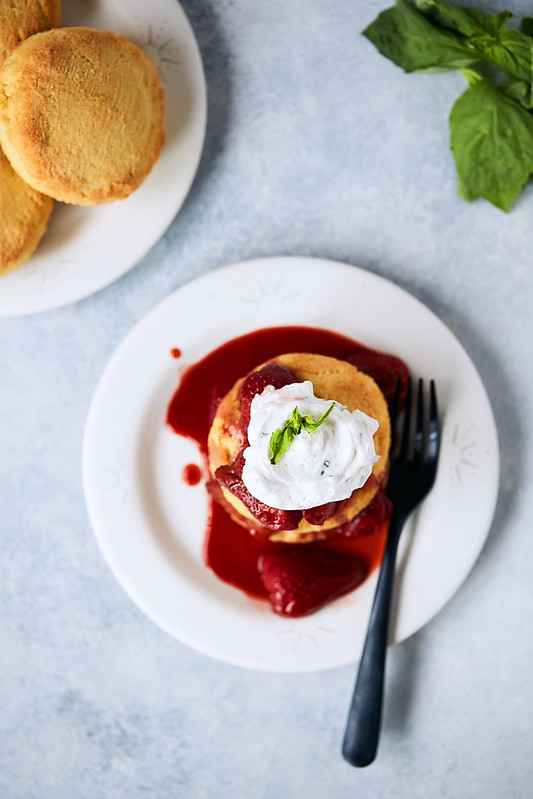 Keto Strawberry Shortcake with Balsamic Roasted Strawberries and Basil Infused Coconut Cream {gluten-free, paleo}