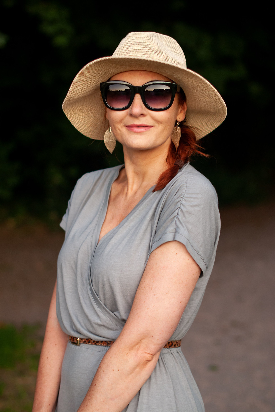 How to Keep Cool in the Summer and Still Cover Up \ grey Hot Squash maxi dress with CoolFresh fabric \ floppy straw hat \ straw basket bag \ black cat eye sunglasses \ strappy flat sandals | Not Dressed As Lamb, over 40 fashion