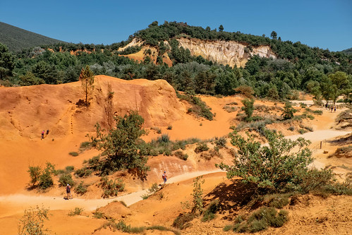 stone france natural landscape yellow canyon sandstone rustrel mediterranean outdoor travel hill orange red tourism provence blue summer rock tree geology sand scenic colorado landmarks provencal outdoors europe color nature