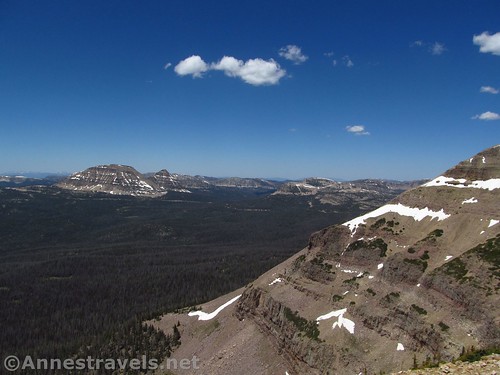Views of cliffs, Mirror Lake, Bald Mountain, and more just before the final saddle up Mt. Agassiz, Uinta Mountains, Utah