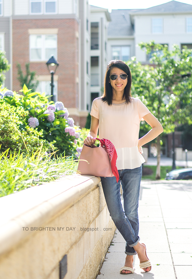 colorblocked peplum top, girlfriend jeans, white fringe sandals, pink tote with red bandana