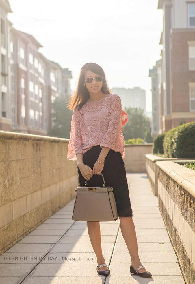 pink lace top with bell sleeves, morganite ring, rose gold cuff, dove gray taupe tote bag, black eyelash fringe pencil skirt, black ballerina flats with jeweled straps