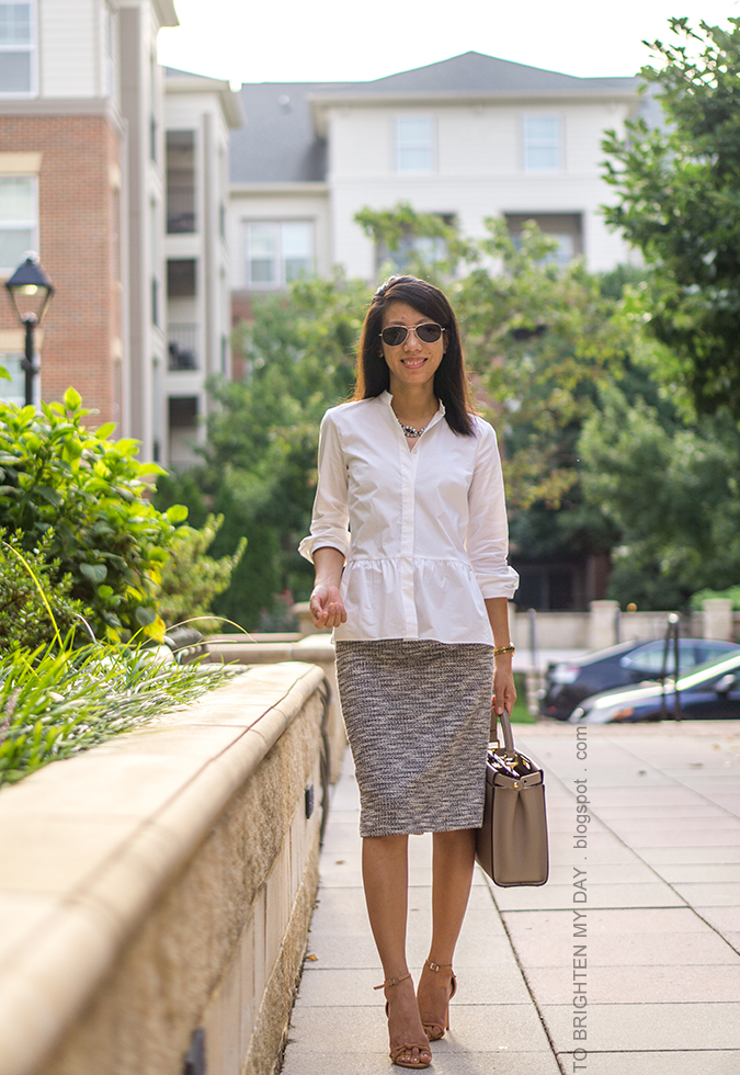 white peplum button up shirt, blue gemstone necklace, marled tweed knit pencil skirt, dove gray tote, brown know sandals, gold watch