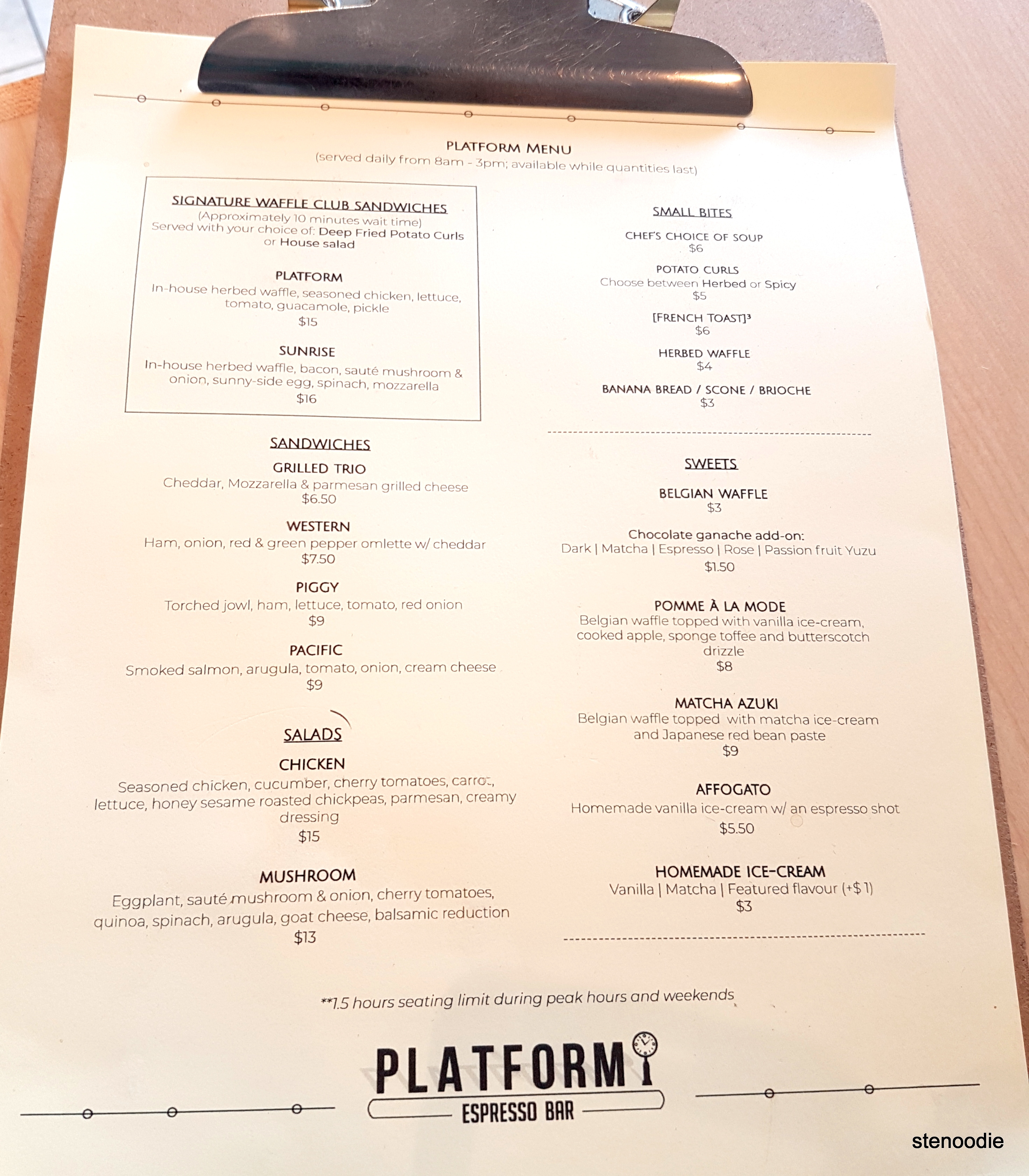 Platform Espresso Bar food menu and prices