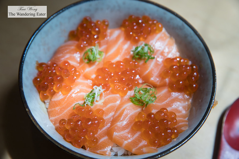 Sake Ikura Don - King salmon, salmon roe on a bed of sushi rice with roasted garlic-wasabi soy