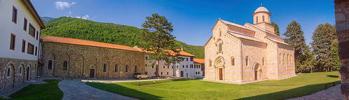 monastery church architecture yard tree orthodoxchurch deçan decan kosovo