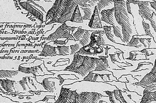 The Great Sphinx of Giza from Hogenberg & Braun's (map), Cairus, quae olim Babylon (1572), exists in various editions, from various authors, with the Sphinx looking different. This is an extract from the map, not the complete map.