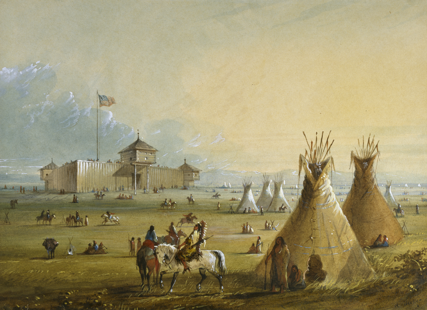 The first Fort Laramie as it looked before 1840 (painting from memory by Alfred Jacob Miller). Founded by William Sublette and Robert Campbell, Fort Laramie lay at the crossroads of an old north-south Indian trail and what became known as the Oregon Trail. Called Fort Laramie because of the nearby Laramie Mountains and the Laramie Fork of the North Platte River, the post was approximately 150 feet square, according to Miller, with bastions at the diagonal corners. Miller's paintings are the only known visual records of the fort, because the original fort was torn down in 1840 before any other artist had traveled the Oregon Trail; it was replaced with another structure, located perhaps on the same site in 1841. Alfred Jacob Miller (American, 1810-1874). 'Fort Laramie,' 1858-1860. watercolor on paper. Walters Art Museum (37.1940.49): Commissioned by William T. Walters, 1858-1860.
