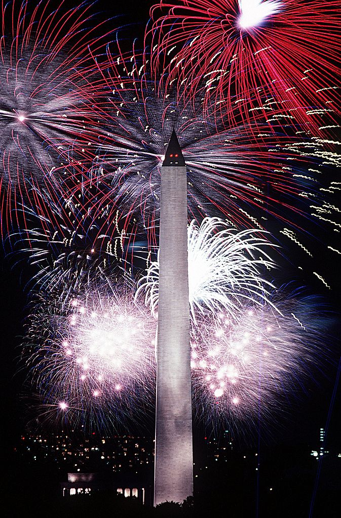 Displays of fireworks, such as these over the Washington Monument in 1986, take place across the United States on Independence Day.