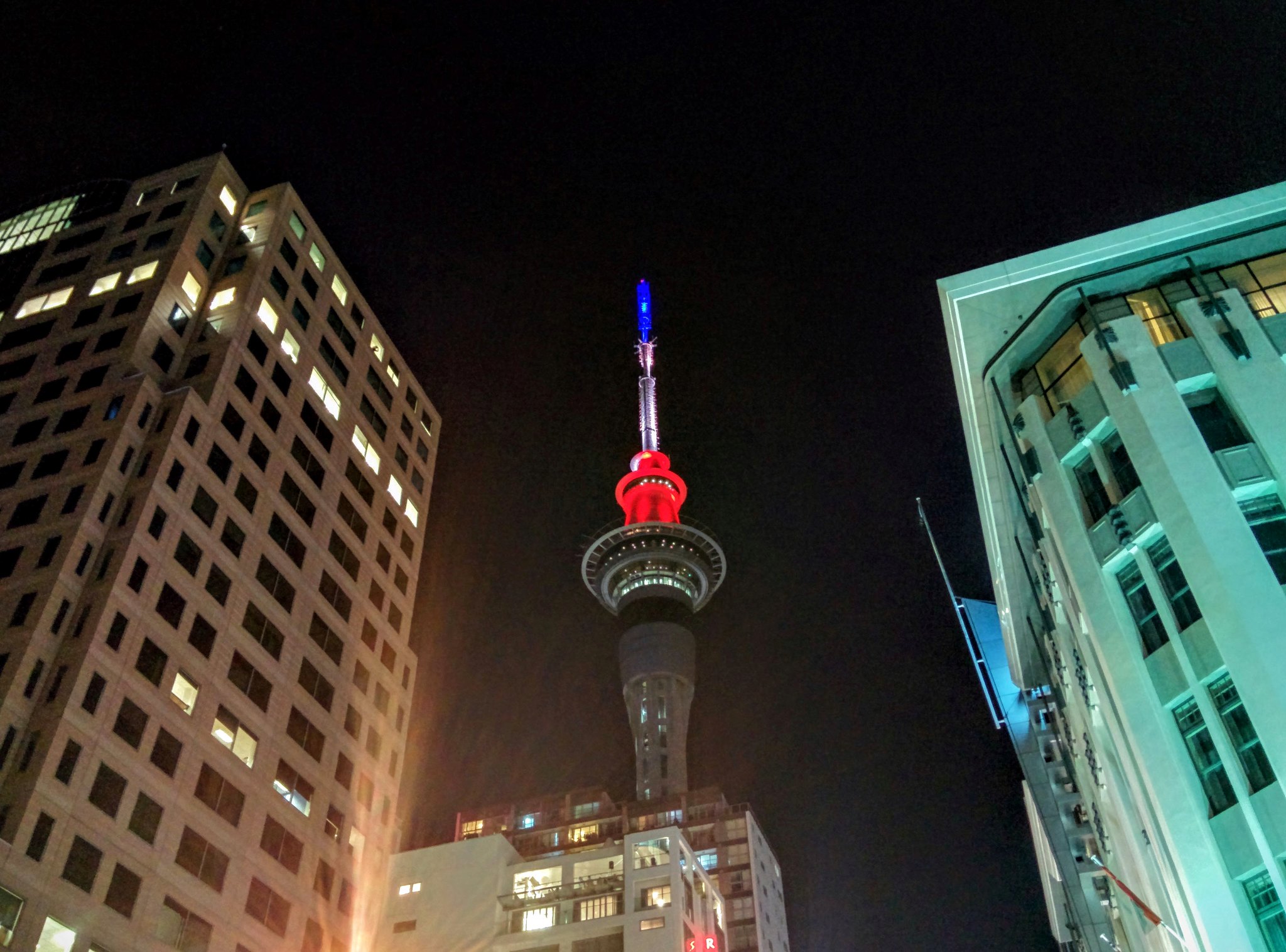 The Sky Tower lit up in tricolore
