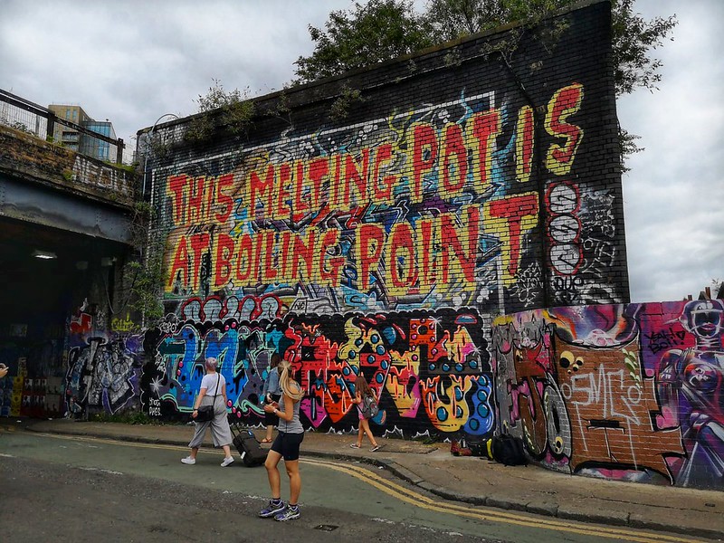 'The Melting Pot is at Boiling Point' graffiti in Shoreditch, London