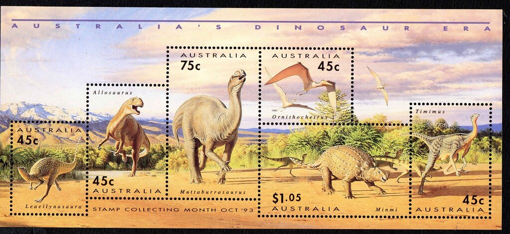 [url=https://flic.kr/p/28y68hW][img]https://farm2.staticflickr.com/1828/43026317882_f7a286f377_b.jpg[/img][/url][url=https://flic.kr/p/28y68hW]Australia - Dinosaurs - 1993 mini-sheet[/url] by [url=https://www.flickr.com/photos/am-jochim/]Mark Jochim[/url], on Flickr