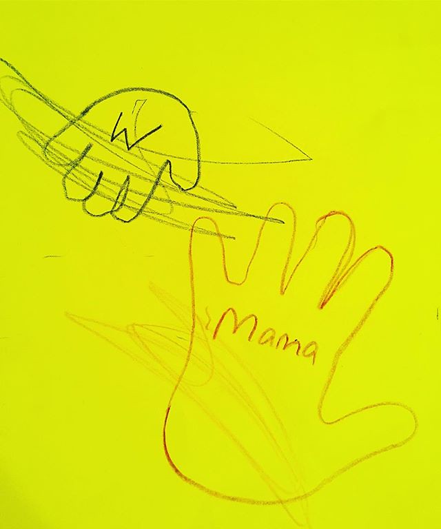More mother/son art. I like how he used the same colors to scribble over our hand tracings. 👋👋