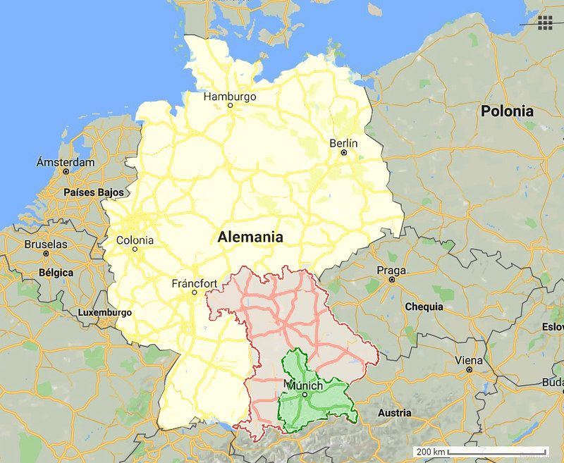 Mapa en el que se muestra la situación de la región de Baviera y de Alta Baviera dentro de Alemania
