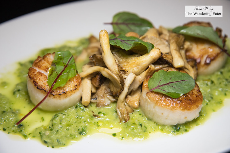 Grilled diver sea scallops, applewood smoked oyster mushrooms, cucumber relish, sorrel