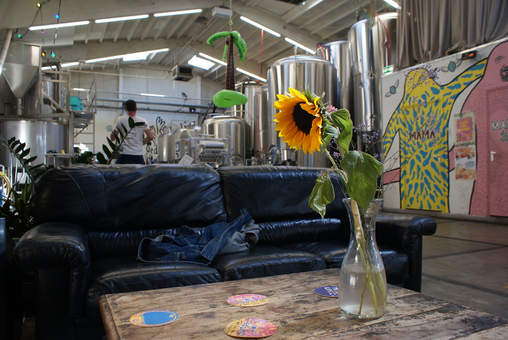 Cuve et tournesol, gros canapé et table basse à la microbrasserie Oedipus à Amsterdam.