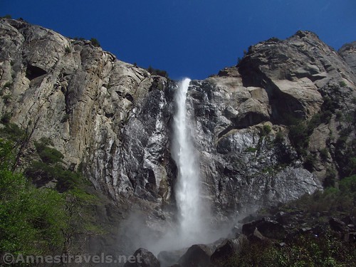 Even in times of good flow, the water can still be blown about a bit at Bridal Veil Falls, Yosemite National Park, California