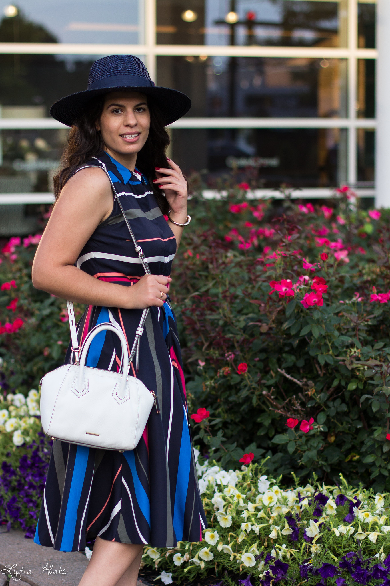 Striped dress, Black mules, white bag, navy straw hat-7.jpg