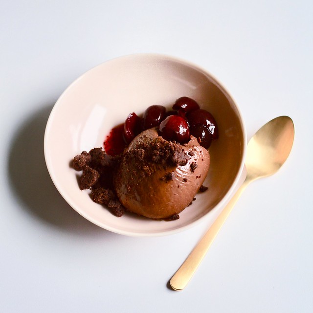 cold chocolate crémeux, wine-poached cherries and lots of crumbs