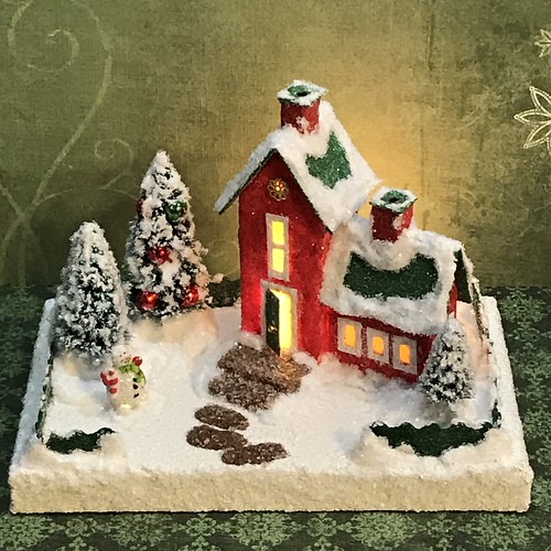 Tiny red and green Putz house with snowman