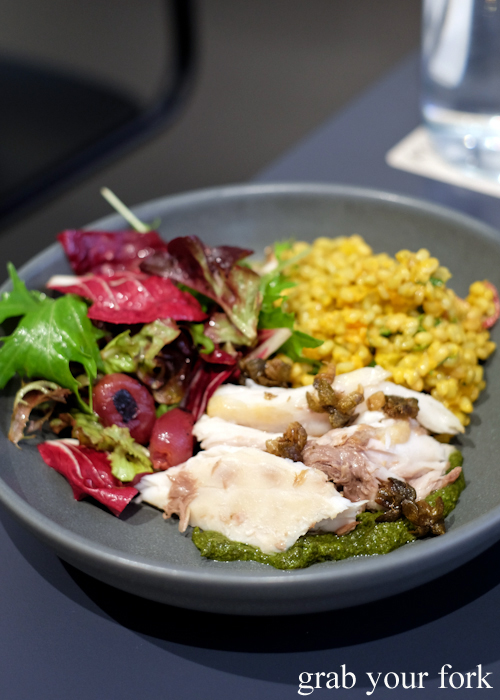 Grilled kingfish with freekeh and bitter leaf and herb salad at A1 Canteen by Clayton Wells in Chippendale Sydney