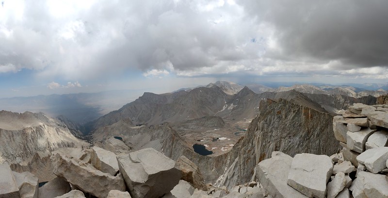A rainstorm to the south near Mt Langley and dark clouds made us decide to descend from Whitney's summit
