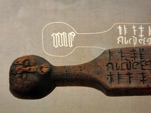 A wood marker with ancient Viking runes on it at the National History Museum in Copenhagen, Denmark