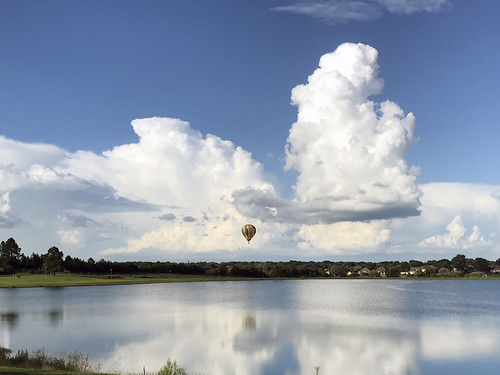 hotairballoon clouds bluesky lake water trees reflections reflectionsinwater