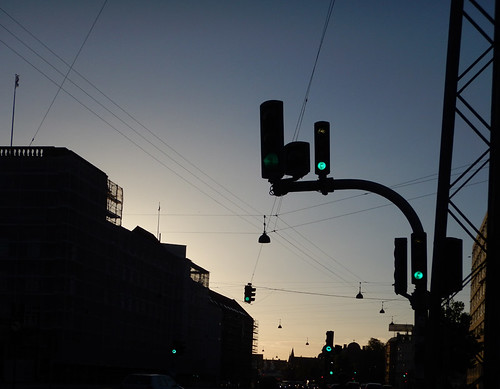 Streetlights at night in Copenhagen, Denmark