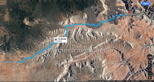 Road map of the Whitmore Trail from the Mt. Trumbull Schoolhouse (left) to the River Overlook. We turned around somewhere in the lighter section between the two darker lava flows. Grand Canyon-Parashant National Monument, Arizona