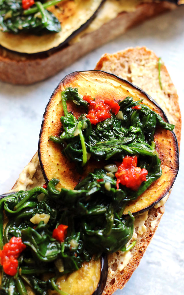 Roasted Eggplant and Hummus Tartines with Harissa and Garlicky Spinach