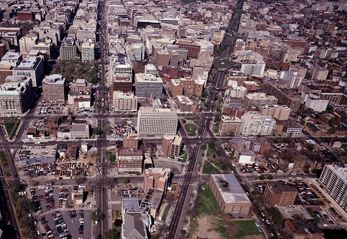 Aerial_view_of_downtown_Washington,_D.C., Massachusetts Avenue is in the center right