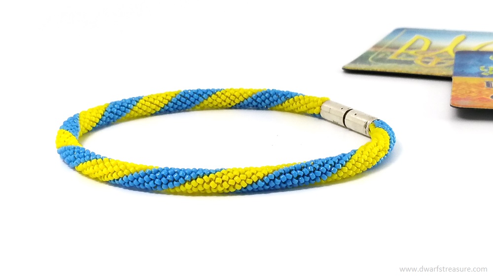 unisex stylish yellow & blue striped seeds bead statement bangle