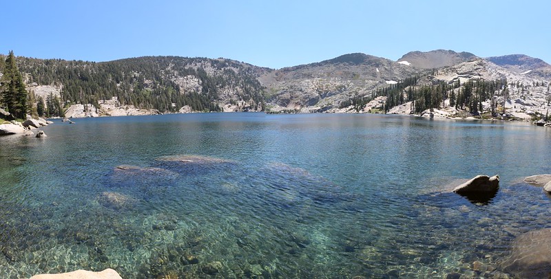 Panorama shot of Dicks Lake from the Pacific Crest Trail with Dicks Pass (center) and Dicks Peak (right)