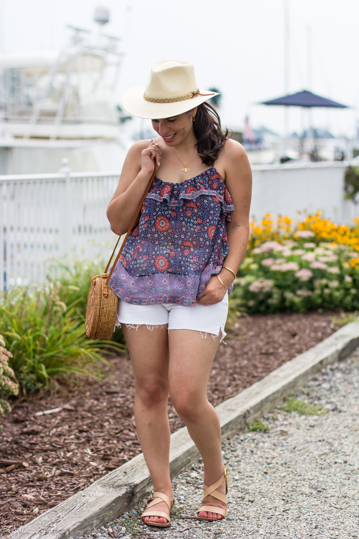 Floral Silk Cami, White Denim Shorts, Round Rattan Bag, Tenth Street Fedora-11.jpg