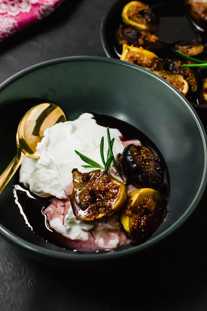 Serve Wine Roasted Figs with your favorite yogurt, or even better, baked camembert or along side your favorite cheeses.