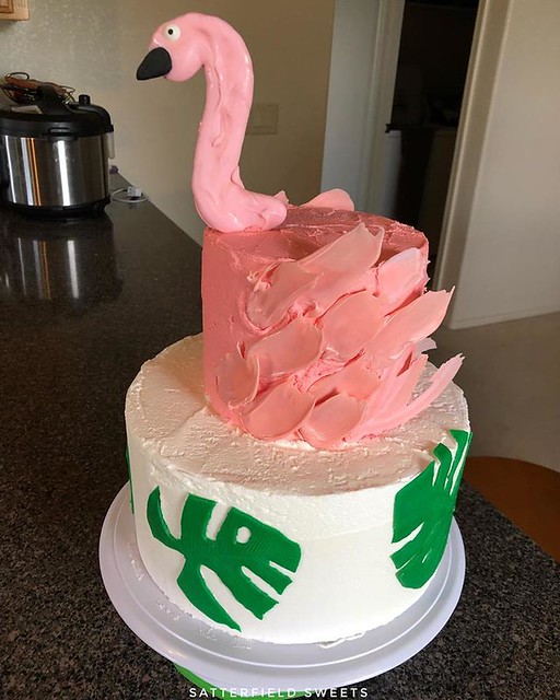 Flamingo Brushstroke Cake with Monstera Leaves by Satterfield Sweets