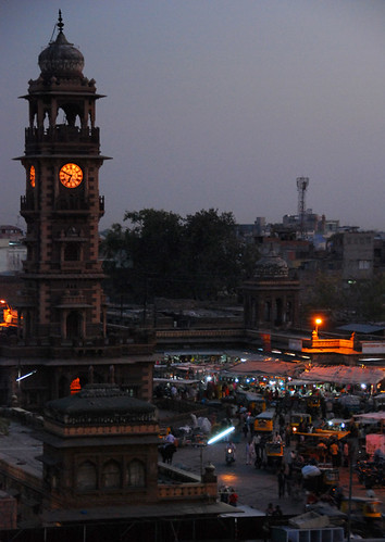 Night lights shine on a market in Jaisalmer, India