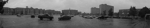 panorama architecture campus parking lot oklahoma state universtiy kerrdrummond black white rainy wet