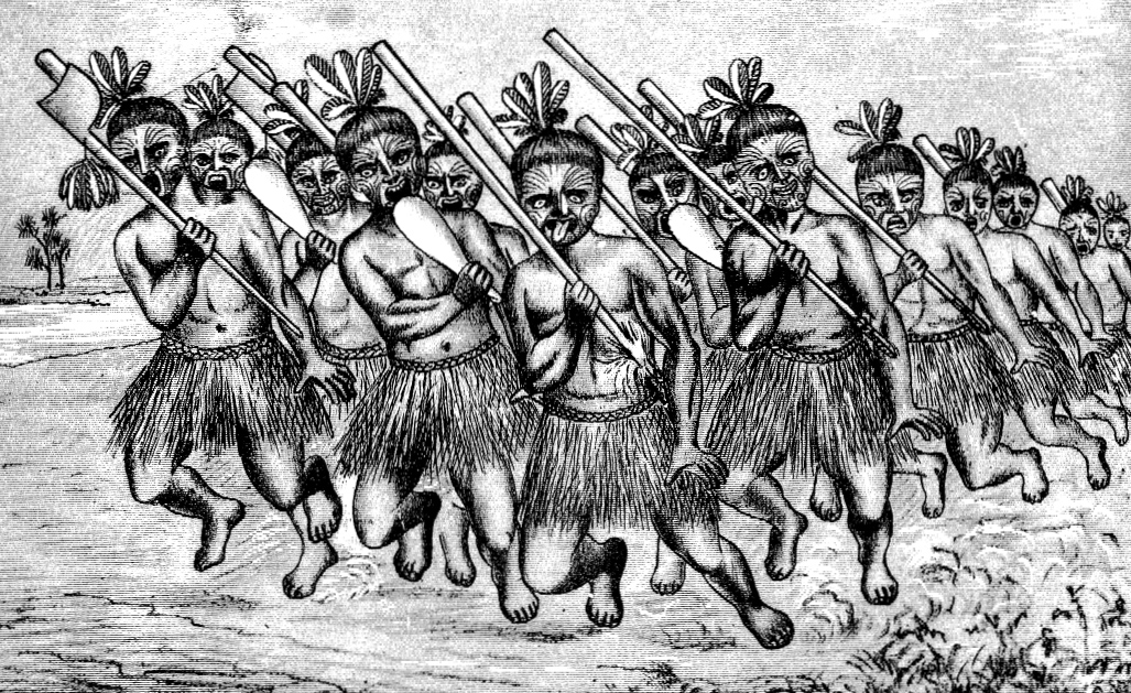 19th-century illustration of a haka, published in The Ancient History of the Maori, 6 Volumes, plus 1 volume of illustrations (Government Printer: Wellington), 1887-1891.