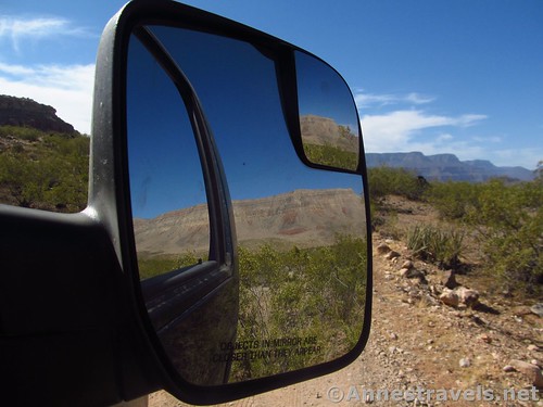 Sideview mirror views near where we turned around on the Whitmore Trail, Grand Canyon-Parashant National Monument, Arizona