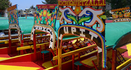 Bright boats at Xochimilco, the UNESCO Heritage Site of the former floating gardens in Mexico City